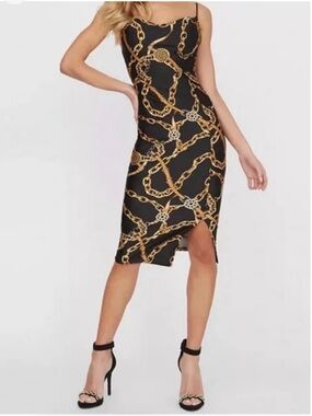Guess black chain print slip midi dress featuring a bold gold chain print XL